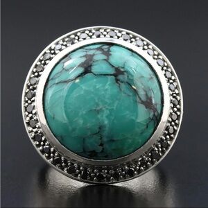 Stephen Dweck Sterling Ring with Turquoise Stone and Black Diamonds